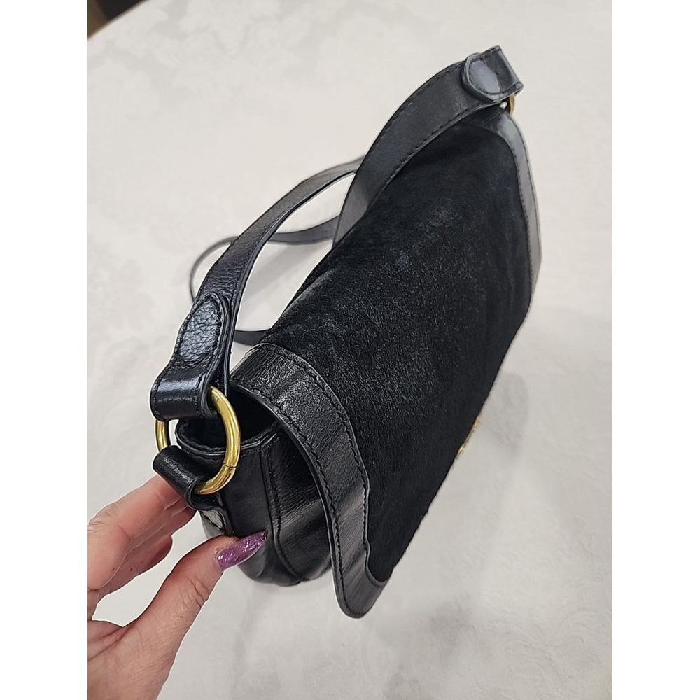 Fossil Black Calf Hair Leather Crossbody Saddle Bag - Picture 4 of 13